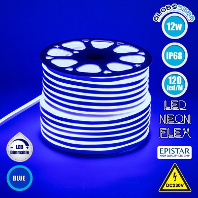 GLOBOSTAR® OVALE 70575 Ταινία Neon Flex LED 12W-m 600lm-m 120° DC 220-240V Αδιάβροχο IP65 120 x SMD2835 Chip-m Μπλε Dimmable - Sanan SMD Chip - Μ100 x Π0.8 x Υ1.6cm - 3 Χρόνια Εγγύηση