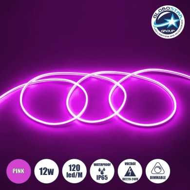 GLOBOSTAR® NEOVALE 70577 Ταινία Neon Flex LED 12W-m 600lm-m 120° DC 220-240V Αδιάβροχο IP65 120 x SMD2835 Chip-m Ροζ Dimmable - Sanan SMD Chip - Μ100 x Π0.8 x Υ1.6cm - 3 Χρόνια Εγγύηση
