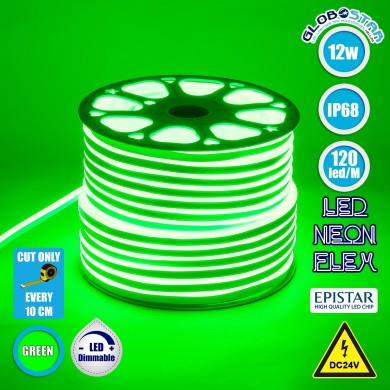 GLOBOSTAR® OVALE 70564 Ταινία Neon Flex LED 12W-m 600lm-m 120° DC 24V Αδιάβροχο IP65 120 x SMD2835 Chip-m Πράσινο Dimmable - Sanan SMD Chip - Μ100 x Π0.8 x Υ1.6cm - 3 Χρόνια Εγγύηση