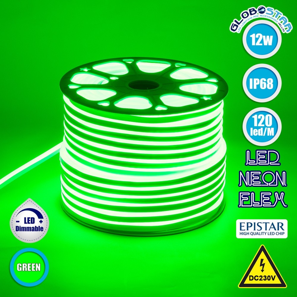 GLOBOSTAR® OVALE 70574 Ταινία Neon Flex LED 12W-m 600lm-m 120° DC 220-240V Αδιάβροχο IP65 120 x SMD2835 Chip-m Πράσινο Dimmable - Sanan SMD Chip - Μ100 x Π0.8 x Υ1.6cm - 3 Χρόνια Εγγύηση