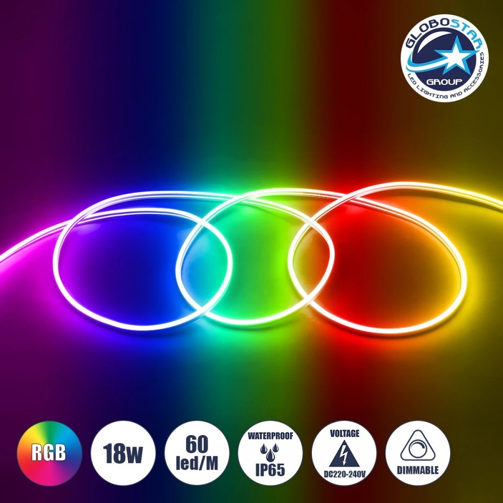 GLOBOSTAR® NEOVALE 70578 Ταινία Neon Flex LED 18W-m 900lm-m 120° DC 220-240V Αδιάβροχο IP65 60 x SMD5050 Chip-m Πολύχρωμο RGB Dimmable - Sanan SMD Chip - Μ100 x Π0.8 x Υ1.6cm - 3 Χρόνια Εγγύηση