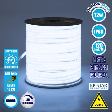 GLOBOSTAR® NEOTUBE 70580 Ταινία Neon Flex LED 12W-m 1080lm-m 360° DC 24V Αδιάβροχο IP65 120 x SMD2835 Chip-m Ψυχρό Λευκό 6000K Dimmable - Sanan SMD Chip - Μ100 x Π1.3 x Υ1.3cm - 3 Χρόνια Εγγύηση