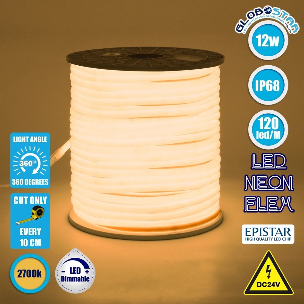 GLOBOSTAR® NEOTUBE 70582 Ταινία Neon Flex LED 12W-m 840lm-m 360° DC 24V Αδιάβροχο IP65 120 x SMD2835 Chip-m Θερμό Λευκό 2700K Dimmable - Sanan SMD Chip - Μ100 x Π1.3 x Υ1.3cm - 3 Χρόνια Εγγύηση