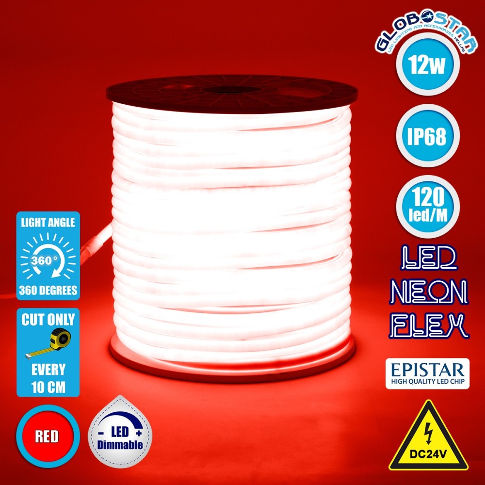 GLOBOSTAR® NEOTUBE 70583 Ταινία Neon Flex LED 12W-m 600lm-m 360° DC 24V Αδιάβροχο IP65 120 x SMD2835 Chip-m Κόκκινο Dimmable - Sanan SMD Chip - Μ100 x Π1.3 x Υ1.3cm - 3 Χρόνια Εγγύηση