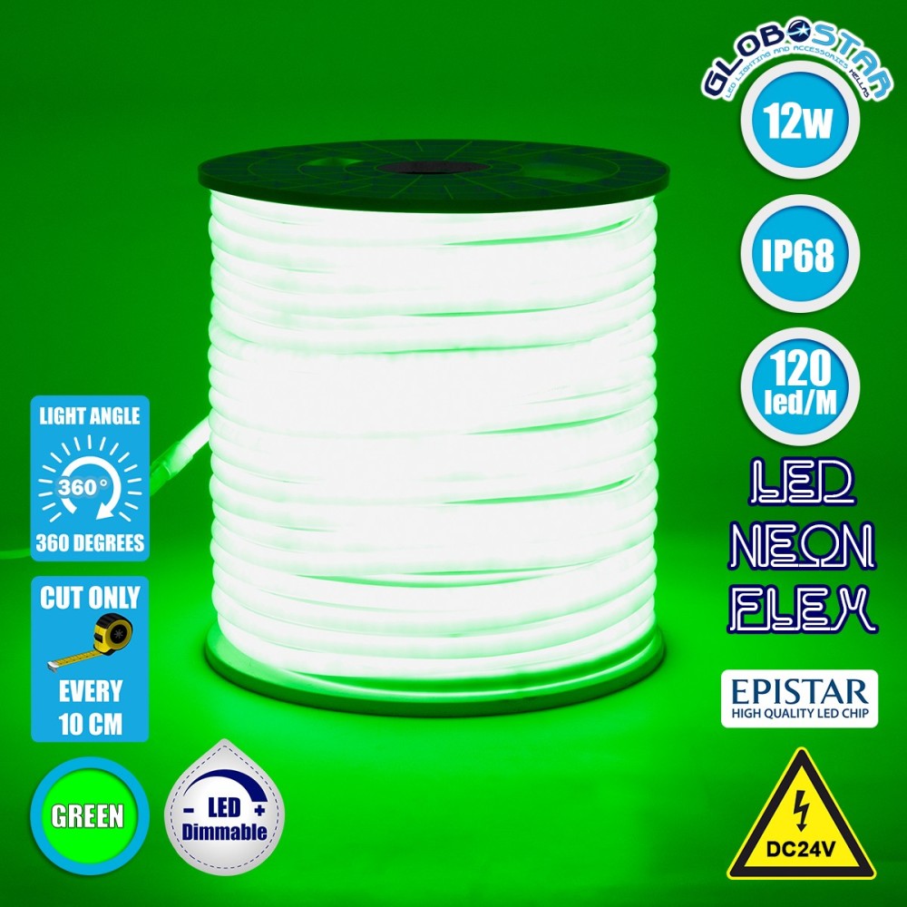 GLOBOSTAR® NEOTUBE 70584 Ταινία Neon Flex LED 12W-m 600lm-m 360° DC 24V Αδιάβροχο IP65 120 x SMD2835 Chip-m Πράσινο Dimmable - Sanan SMD Chip - Μ100 x Π1.3 x Υ1.3cm - 3 Χρόνια Εγγύηση