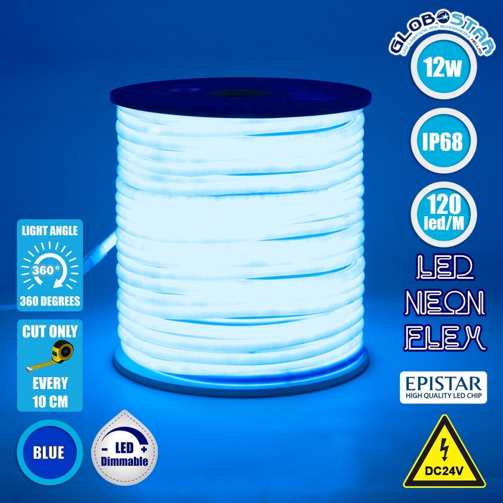 GLOBOSTAR® NEOTUBE 70585 Ταινία Neon Flex LED 12W-m 600lm-m 360° DC 24V Αδιάβροχο IP65 120 x SMD2835 Chip-m Μπλε Dimmable - Sanan SMD Chip - Μ100 x Π1.3 x Υ1.3cm - 3 Χρόνια Εγγύηση