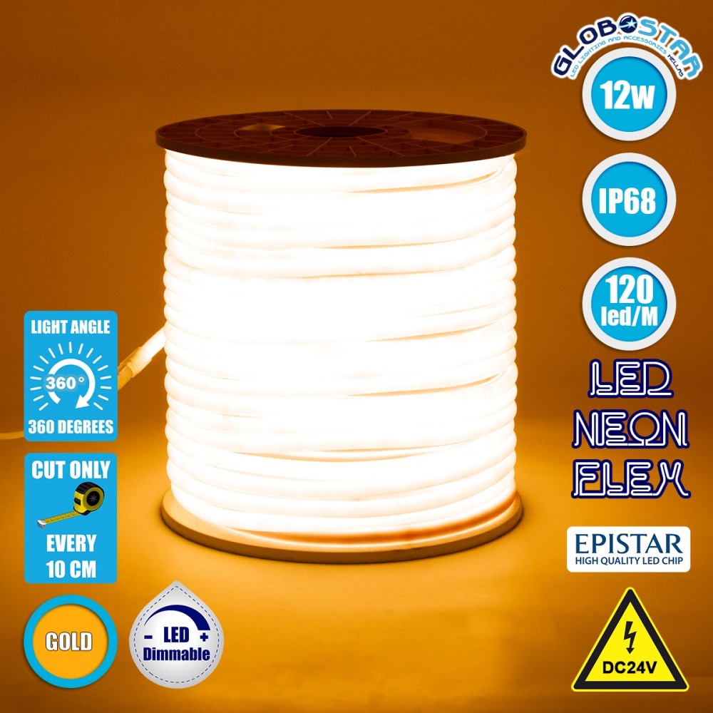 GLOBOSTAR® NEOTUBE 70586 Ταινία Neon Flex LED 12W-m 720lm-m 360° DC 24V Αδιάβροχο IP65 120 x SMD2835 Chip-m Ultra Θερμό Λευκό 2200K Dimmable - Sanan SMD Chip - Μ100 x Π1.3 x Υ1.3cm - 3 Χρόνια Εγγύηση