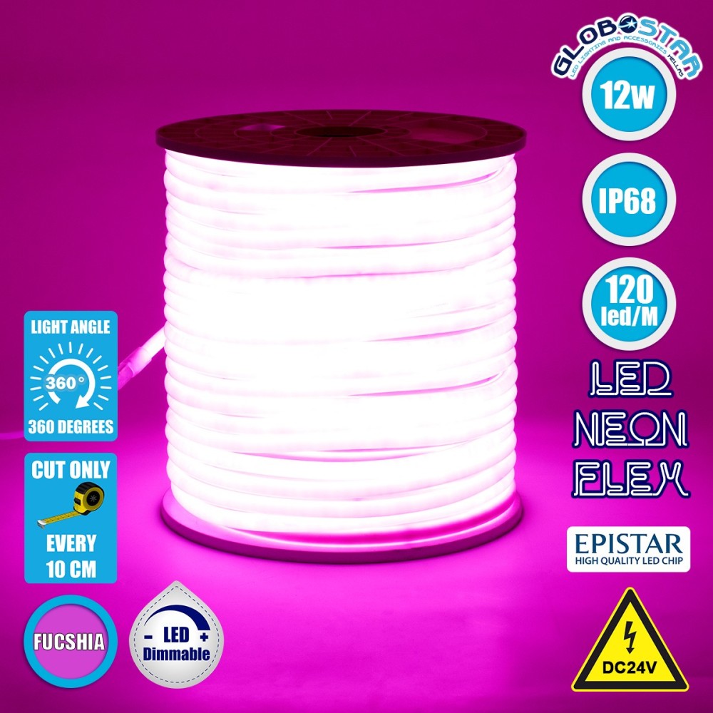 GLOBOSTAR® NEOTUBE 70587 Ταινία Neon Flex LED 12W-m 600lm-m 360° DC 24V Αδιάβροχο IP65 120 x SMD2835 Chip-m Ροζ Dimmable - Sanan SMD Chip - Μ100 x Π1.3 x Υ1.3cm - 3 Χρόνια Εγγύηση