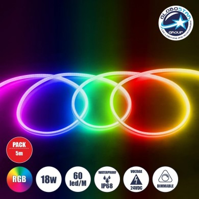 GLOBOSTAR® NEOTUBE 70588 Ταινία Neon Flex LED 18W-m 900lm-m 360° DC 24V Αδιάβροχο IP65 60 x SMD5050 Chip-m Πολύχρωμο RGB Dimmable - Sanan SMD Chip - Μ500 x Π2.1 x Υ2.1cm - Ρολό 5 Μέτρων - 3 Χρόνια Εγγύηση