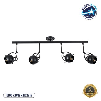 GLOBOSTAR® CANNES 01082 Μοντέρνο Φωτιστικό Οροφής με Ντουί 4 x E27 AC 220-240V IP20 - Μαύρο - Μ108 x Π12 x Υ48cm