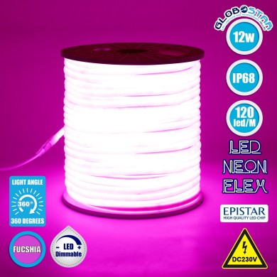 GLOBOSTAR® NEOTUBE 70597 Ταινία Neon Flex LED 12W-m 600lm-m 360° DC 220-240V Αδιάβροχο IP65 120 x SMD2835 Chip-m Ροζ Dimmable - Sanan SMD Chip - Μ100 x Π1.3 x Υ1.3cm - 3 Χρόνια Εγγύηση