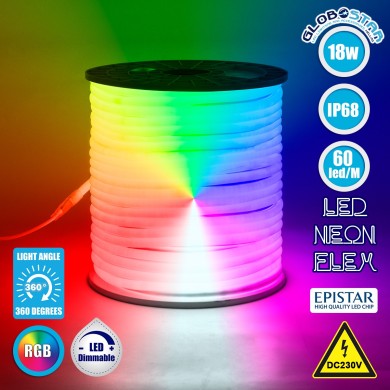 GLOBOSTAR® NEOTUBE 70598 Ταινία Neon Flex LED 18W-m 900lm-m 360° DC 220-240V Αδιάβροχο IP65 60 x SMD5050 Chip-m Πολύχρωμο RGB Dimmable - Sanan SMD Chip - Μ500 x Π2.1 x Υ2.1cm - 3 Χρόνια Εγγύηση
