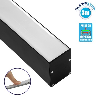 GloboStar® SURFACEPENDANT-PROFILE 70828-3M Προφίλ Αλουμινίου - Βάση & Ψύκτρα Ταινίας LED με Λευκό Γαλακτερό Κάλυμμα - Επιφανειακή & Κρεμαστή Χρήση - Πατητό Κάλυμμα - Μαύρο - 3 Μέτρα - Μ300 x Π5 x Υ7cm