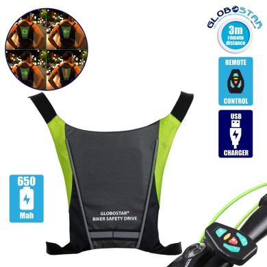 GloboStar® 79070 Γιλέκο Ασφαλείας Φωσφοριζέ Αντανακλαστικό για Ποδηλάτες & Runners με Φωτεινή Σήμανση LED - Ενσωματωμένη Μπαταρία 650mAh DC 5V Επαναφορτιζόμενο με Καλώδιο Τροφοδοσίας USB & Ασύρματο Χειριστήριο -  Μαύρο & Λαχανί Φωσφοριζέ Αδιάβροχο IP65