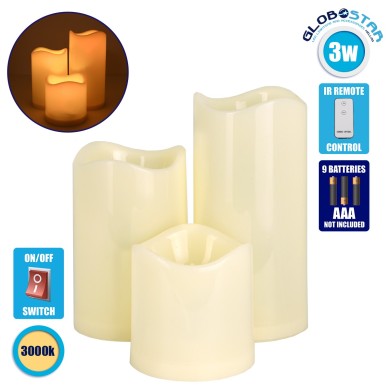 GloboStar® 79552 ΣΕΤ 3 Διακοσμητικών Realistic Κεριών με LED - Μπαταρίας & Ασύρματο Χειριστήριο IR Θερμό Λευκό 3000K
