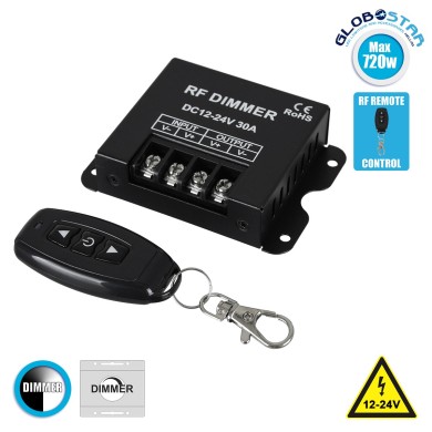 GLOBOSTAR® DIMMERME 73310 Σετ Dimmer με RF Ασύρματο Χειριστήριο με 1 x 30A 720W Κανάλι DC 12-24V 30A 720W Max IP20 - RF2.4Ghz - Μ8.7 x Π6.2 x Υ2cm - 2 Χρόνια Εγγύηση