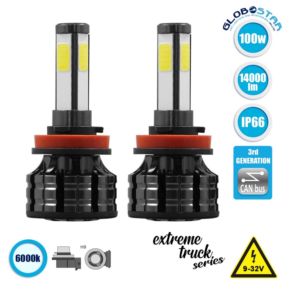 GloboStar® 82045 H9 K9 Line KIT Βασικού Φωτισμού Αυτοκινήτου & Φορτηγού 3rd Generation Can-Bus Series LED CREE CXB COB 100W 14000lm DC 9-32V Αδιάβροχο IP66 Ψυχρό Λευκό 6000K