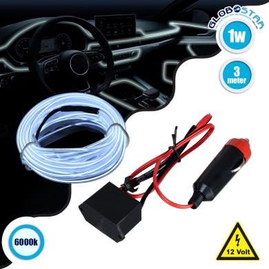 GloboStar® 82200 TUBE 360° Degree Διακοσμητική EL-Wire Neon Αυτοκινήτου Κορδόνι ΣΕΤ 3m 1W-3m 30lm-m 360° DC 12V με Βύσμα Αναπτήρα Αυτοκινήτου Αδιάβροχη IP68 Ψυχρό Λευκό 6000K