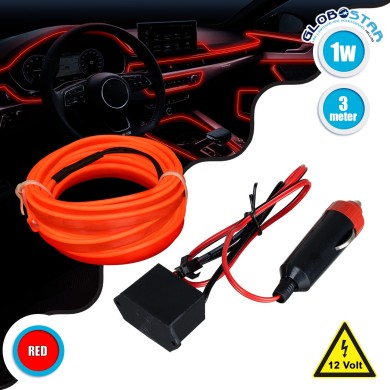 GloboStar® 82206 TUBE 360° Degree Διακοσμητική EL-Wire Neon Αυτοκινήτου Κορδόνι ΣΕΤ 3m 1W-3m 30lm-m 360° DC 12V με Βύσμα Αναπτήρα Αυτοκινήτου Αδιάβροχη IP68 Κόκκινο