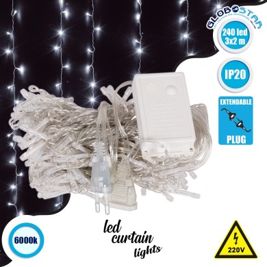 85801 Διακοσμητική Κουρτίνα 3 x 2 Μέτρα με Controller 8 Προγραμμάτων Φωτισμού - Επεκτεινόμενη 240 LED 6W AC 230V με Διάφανο Καλώδιο & Πρίζα Schuko IP20 Ψυχρό Λευκό 6000K Μ3 x Υ2m