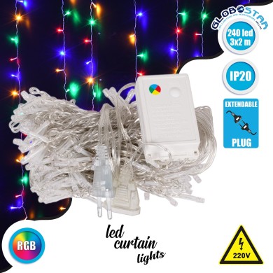 85802 Διακοσμητική Κουρτίνα 3 x 2 Μέτρα με Controller 8 Προγραμμάτων Φωτισμού - Επεκτεινόμενη 240 LED 6W AC 230V με Διάφανο Καλώδιο & EU Πρίζα IP20 Πολύχρωμο RGB Μ3 x Υ2m