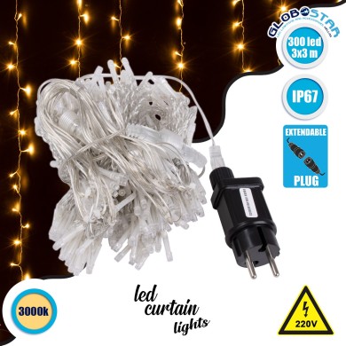 85803 Διακοσμητική Κουρτίνα 3 x 3 Μέτρα με Controller 8 Προγραμμάτων Φωτισμού - Επεκτεινόμενη 300 LED 8W AC 230V με Διάφανο Καλώδιο & Πρίζα Schuko Αδιάβροχη IP67 Θερμό Λευκό 3000K Μ3 x Υ3m