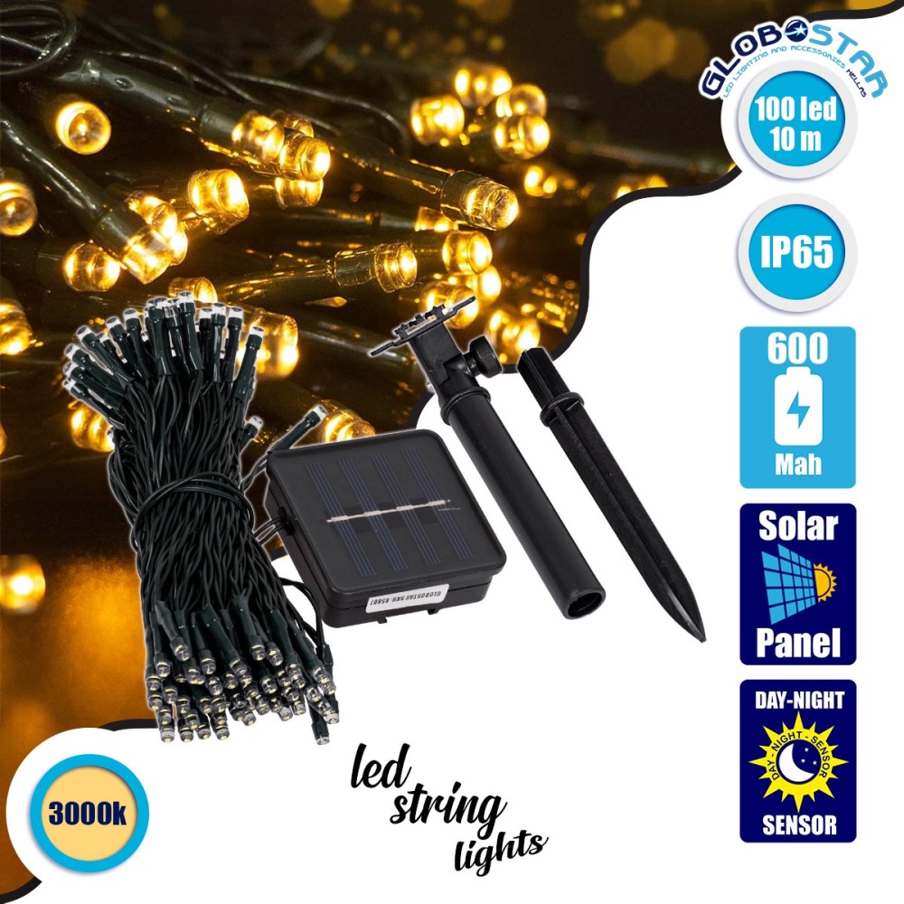 85807 Διακοσμητική Γιρλάντα 10 Μέτρων με Controller 8 Προγραμμάτων Φωτισμού - 100 LED 4W με Ενσωματωμένη Μπαταρία 600mAh - Φωτοβολταϊκό Πάνελ - Αισθητήρα Ημέρας-Νύχτας - Βάση Κήπου & Σκούρο Πράσινο Καλώδιο Αδιάβροχη IP65 Θερμό Λευκό 3000K Μ10m