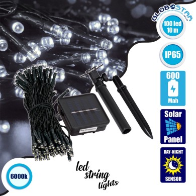 85808 Διακοσμητική Γιρλάντα 10 Μέτρων με Controller 8 Προγραμμάτων Φωτισμού - 100 LED 4W με Ενσωματωμένη Μπαταρία 600mAh - Φωτοβολταϊκό Πάνελ - Αισθητήρα Ημέρας-Νύχτας - Βάση Κήπου & Σκούρο Πράσινο Καλώδιο Αδιάβροχη IP65 Ψυχρό Λευκό 6000K Μ10m