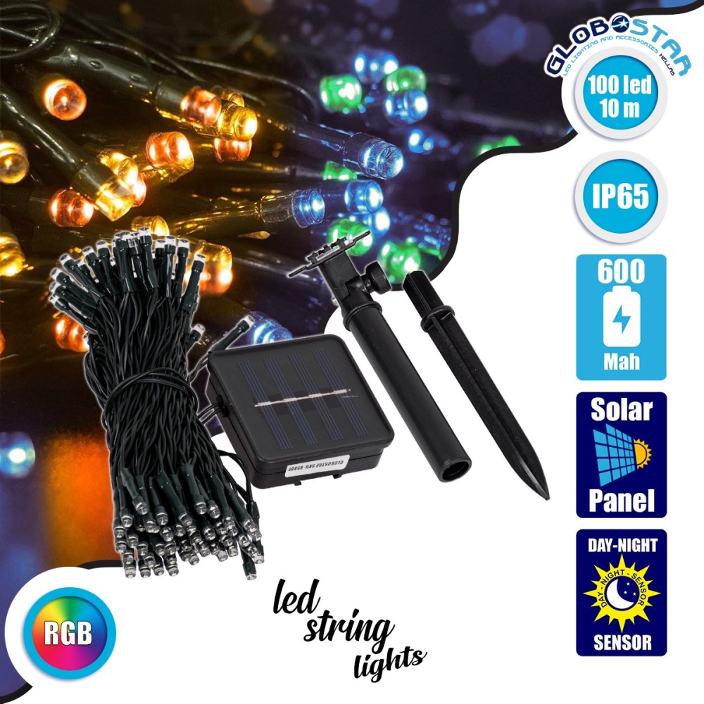 85809 Διακοσμητική Γιρλάντα 10 Μέτρων με Controller 8 Προγραμμάτων Φωτισμού - 100 LED 4W με Ενσωματωμένη Μπαταρία 600mAh - Φωτοβολταϊκό Πάνελ - Αισθητήρα Ημέρας-Νύχτας - Βάση Κήπου & Σκούρο Πράσινο Καλώδιο Αδιάβροχη IP65 Πολύχρωμη RGB Μ10m