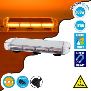 GloboStar® 85183 PRO Series Φάρος Σήμανσης Οχήματος Οδικής Βοήθείας για Αυτοκίνητα & Φορτηγά 6 Προγραμμάτων Φωτισμού STROBE LED COB 100W DC 10-30V Αδιάβροχος IP66 Πορτοκαλί