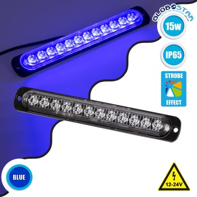 GloboStar® 85268 PRO Series Μπάρα Σήμανσης Οχήματος Αστυνομίας για Αυτοκίνητα & Φορτηγά 10 Προγραμμάτων Φωτισμού STROBE LED SMD 3030 15W DC 12-24V Αδιάβροχη IP65 Μπλε