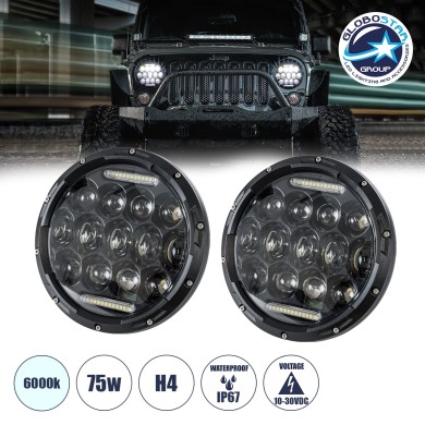 GloboStar® 85417 Σετ 2 x Φανάρια JEEP WRANGLER 7'' Ιντσών Βασικού Φωτισμού H-L με Ring Light DRL & Φλας LED CREE CXB COB 75W 12000lm DC 10-30V Αδιάβροχα IP67 Ψυχρό Λευκό 6000K