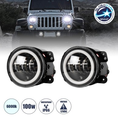 GloboStar® 85418 Σετ 2 x Προβολείς Ομίχλης JEEP WRANGLER - MERCEDES BENZ G CLASS - LAND ROVER DEFENDER - HAMMER H1-H2 - 4'' Ιντσών με Ring Light DRL LED CREE CXB COB 100W 7500lm DC 12V Αδιάβροχοι IP66 Ψυχρό Λευκό 6000K