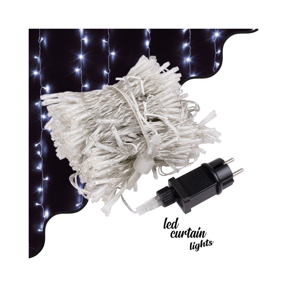 85831 Διακοσμητική Κουρτίνα 6 x 3 Μέτρα με Controller 8 Προγραμμάτων Εναλλαγών Φωτισμού - Επεκτεινόμενη 600 LED 6W AC 230V με Διάφανο Καλώδιο & Πρίζα Schuko Αδιάβροχη IP44 Ψυχρό Λευκό 6000K Μ6 x Υ3m
