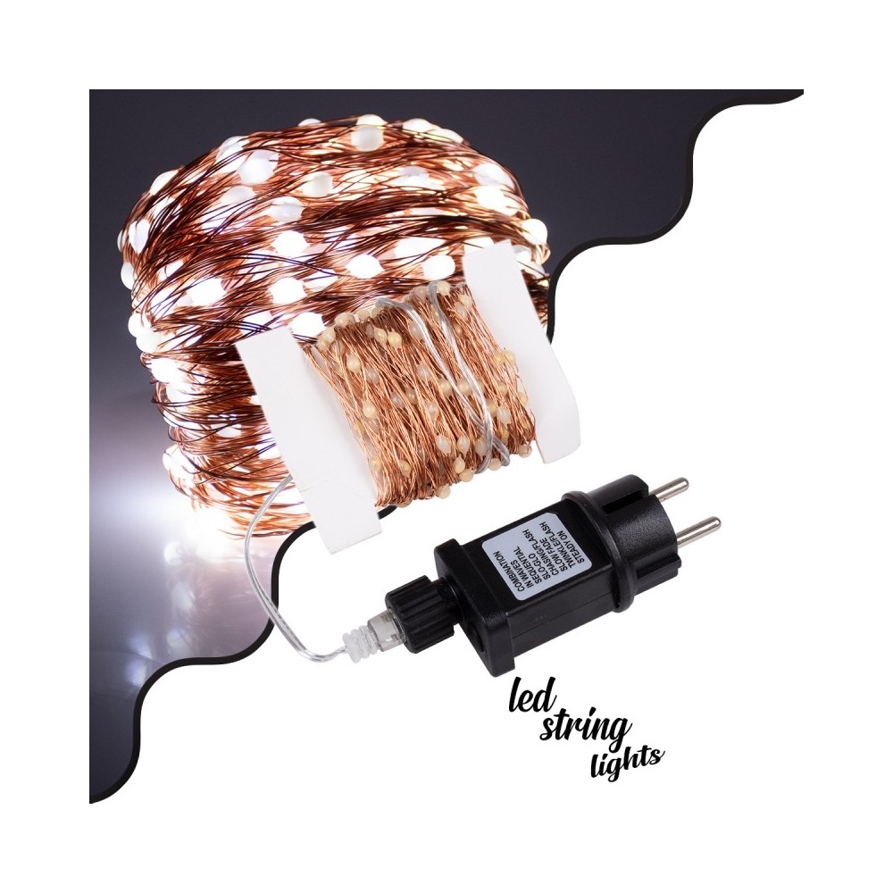 85843 Διακοσμητική Γιρλάντα 20 Μέτρα με Controller 8 Προγραμμάτων Εναλλαγών Φωτισμού - 200 LED 1.3W AC 230V με Χάλκινο Καλώδιο & Πρίζα Schuko Αδιάβροχη IP44 Ψυχρό Λευκό 6000K Μ20m