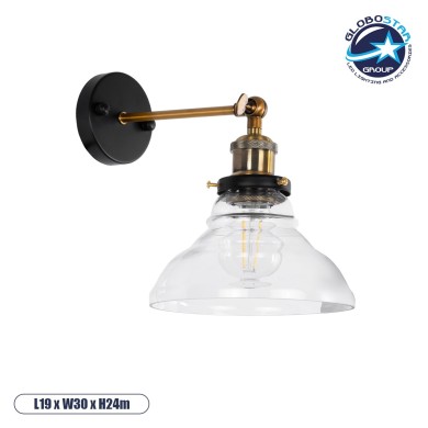 GLOBOSTAR® BINGLEY 01159 Vintage Φωτιστικό Τοίχου - Απλίκα με Ντουί 1 x E27 AC 220-240V IP20 - Διάφανο & Χρυσό - Μ19 x Π30 x Υ24cm