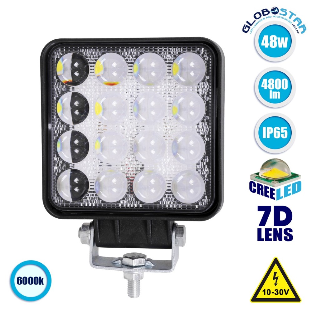 GLOBOSTAR® WORKPRO 85408 Προβολάκι LED 48W 4800lm 45° DC 10-30V Αδιάβροχο IP65 Ψυχρό Λευκό 6000K - CREE XBD 7D Chip - Μ10.8 x Π3.2 x Υ12.8cm - 2 Χρόνια Εγγύηση