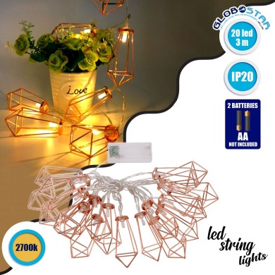 79804 Διακοσμητική Γιρλάντα Bronze Cone 3 Μέτρα με Διακόπτη On-Off - 20 LED 2W με Μπαταρίες 2xAA & Διάφανο Καλώδιο IP20 Θερμό Λευκό 2700K Μ3m