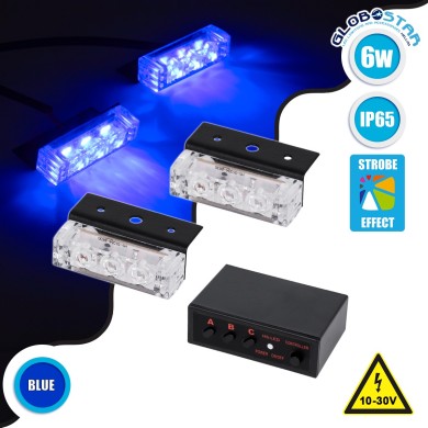GloboStar® 85002 PRO Series ΣΕΤ 2 x Μπάρες Σήμανσης Οχήματος Αστυνομίας για Αυτοκίνητα & Φορτηγά 3 Προγραμμάτων Φωτισμού STROBE LED HIGH POWER 6W DC 10-30V Αδιάβροχο IP65 Μπλε