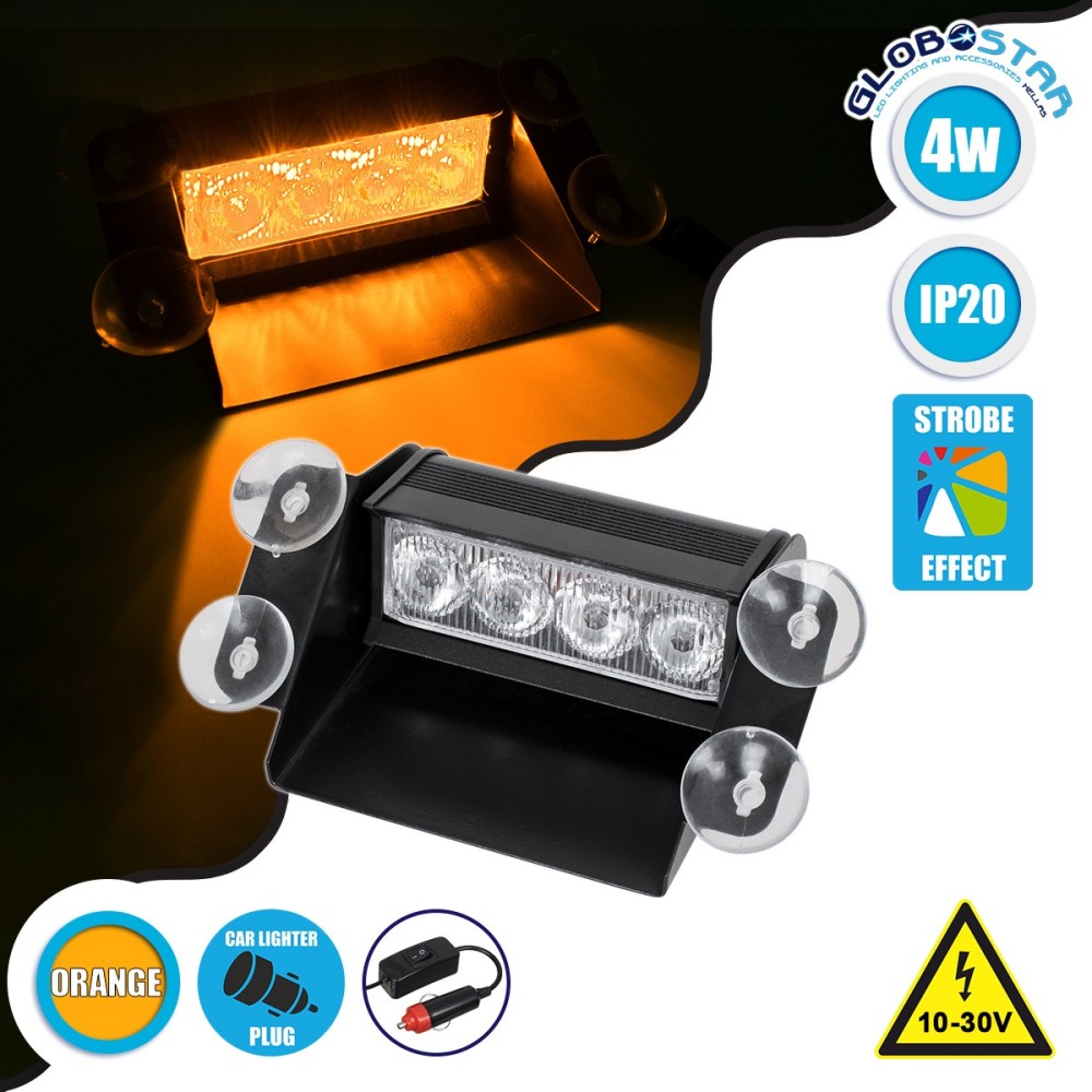 GloboStar® 85103 PRO Series Μπάρα Σήμανσης με Βεντούζες Στήριξης για Παρμπρίζ Οχήματος Οδικής Βοήθείας για Αυτοκίνητα & Φορτηγά 9 Προγραμμάτων Φωτισμού STROBE LED SMD 4W DC 10-30V IP20 Πορτοκαλί