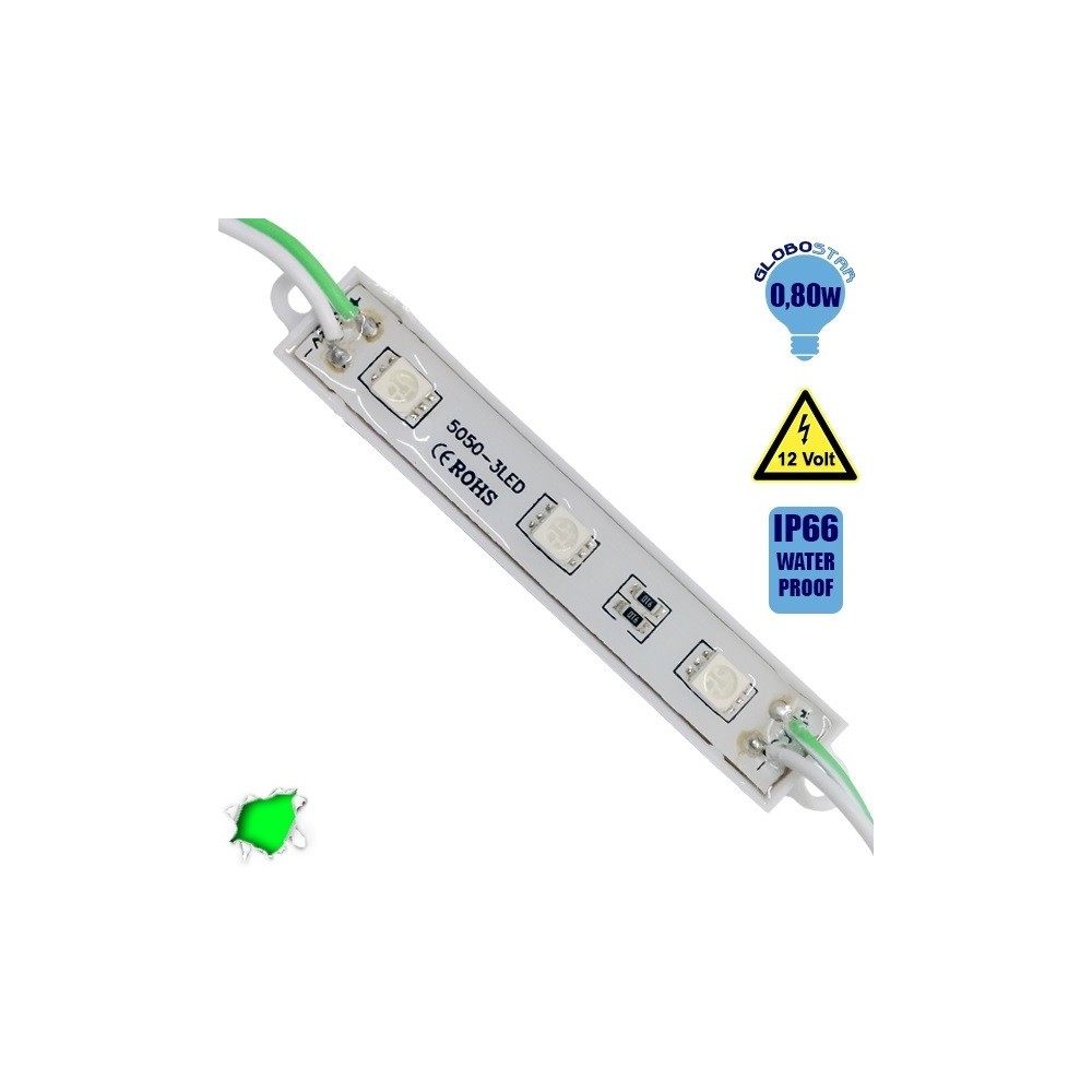 20 Τεμάχια x LED Module 3 SMD 5050 0.8W 12V 50lm IP65 Αδιάβροχο Πράσινο GloboStar 65003