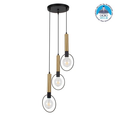 GLOBOSTAR® OLVERO 00773 Μοντέρνο Κρεμαστό Φωτιστικό Οροφής με Ντουί 3 x E27 AC 220-240V IP20 - Μαύρο & Χρυσό - Μ30 x Π30 x Y130cm