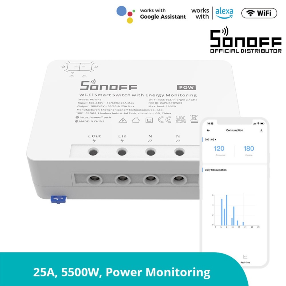 GloboStar® 80060 SONOFF POWR3 - Wi-Fi Smart High Power Switch - 25A-5500W
