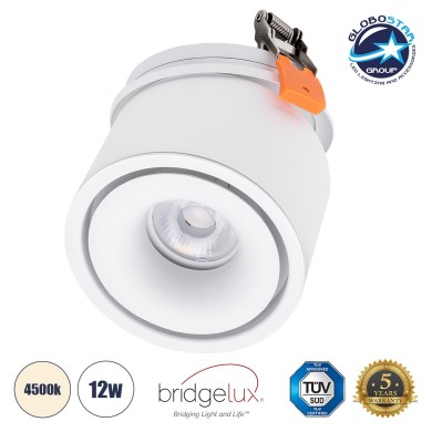 GLOBOSTAR® OMEGA-R 60294 Χωνευτό Κινούμενο Downlight Σποτ LED 12W 1560lm 36° AC 220-240V IP20 Φυσικό Λευκό 4500K - Bridgelux COB Chip & TÜV SÜD Driver - Λευκό Ματ - Μ10 x Π10 x Υ8.2cm - Q9cm - 5 Χρόνια Εγγύηση