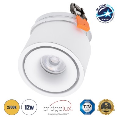 GLOBOSTAR® OMEGA-R 60295 Χωνευτό Κινούμενο Downlight Σποτ LED 12W 1500lm 36° AC 220-240V IP20 Θερμό Λευκό 2700K - Bridgelux COB Chip & TÜV SÜD Driver - Λευκό Ματ - Μ10 x Π10 x Υ8.2cm - Q9cm - 5 Χρόνια Εγγύηση