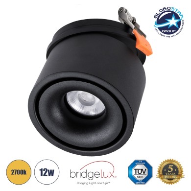 GLOBOSTAR® OMEGA-R 60297 Χωνευτό Κινούμενο Downlight Σποτ LED 12W 1500lm 36° AC 220-240V IP20 Θερμό Λευκό 2700K - Bridgelux COB Chip & TÜV SÜD Driver - Μαύρο Ματ - Μ10 x Π10 x Υ8.2cm - Q9cm - 5 Χρόνια Εγγύηση