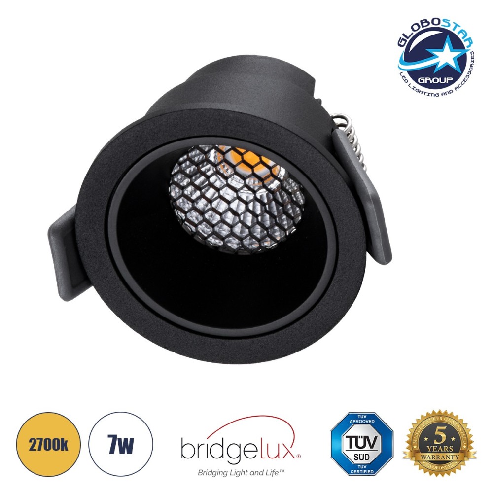 GLOBOSTAR® PLUTO-S 60251 Χωνευτό Downlight Σποτ με Honeycomb Anti Glare Reflector LED 7W 875lm 38° AC 220-240V IP20 Θερμό Λευκό 2700K - Bridgelux COB Chip & TÜV SÜD Driver - Μαύρο Ματ - Μ6.4 x Π6.4 x Υ4.9cm - Q5.5cm - 5 Χρόνια Εγγύηση