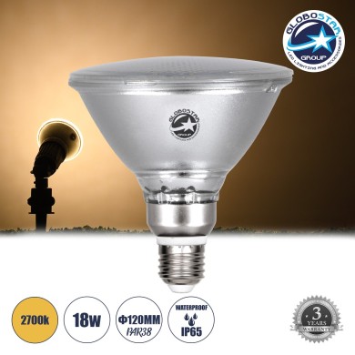 GLOBOSTAR® GARDENPAR 60228 Σποτ E27 PAR38 Σκληρού Υάλου LED 18W 1800lm 60° AC 220-240V Αδιάβροχο IP65 Θερμό Λευκό 2700K - Lumileds SMD Chip - Μ12 x Π12 x Υ13cm - 3 Χρόνια Εγγύηση