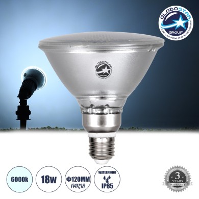GLOBOSTAR® GARDENPAR 60226 Σποτ E27 PAR38 Σκληρού Υάλου LED 18W 2000lm 60° AC 220-240V Αδιάβροχο IP65 Ψυχρό Λευκό 6000K - Μ12 x Π12 x Υ13cm - 3 Χρόνια Εγγύηση