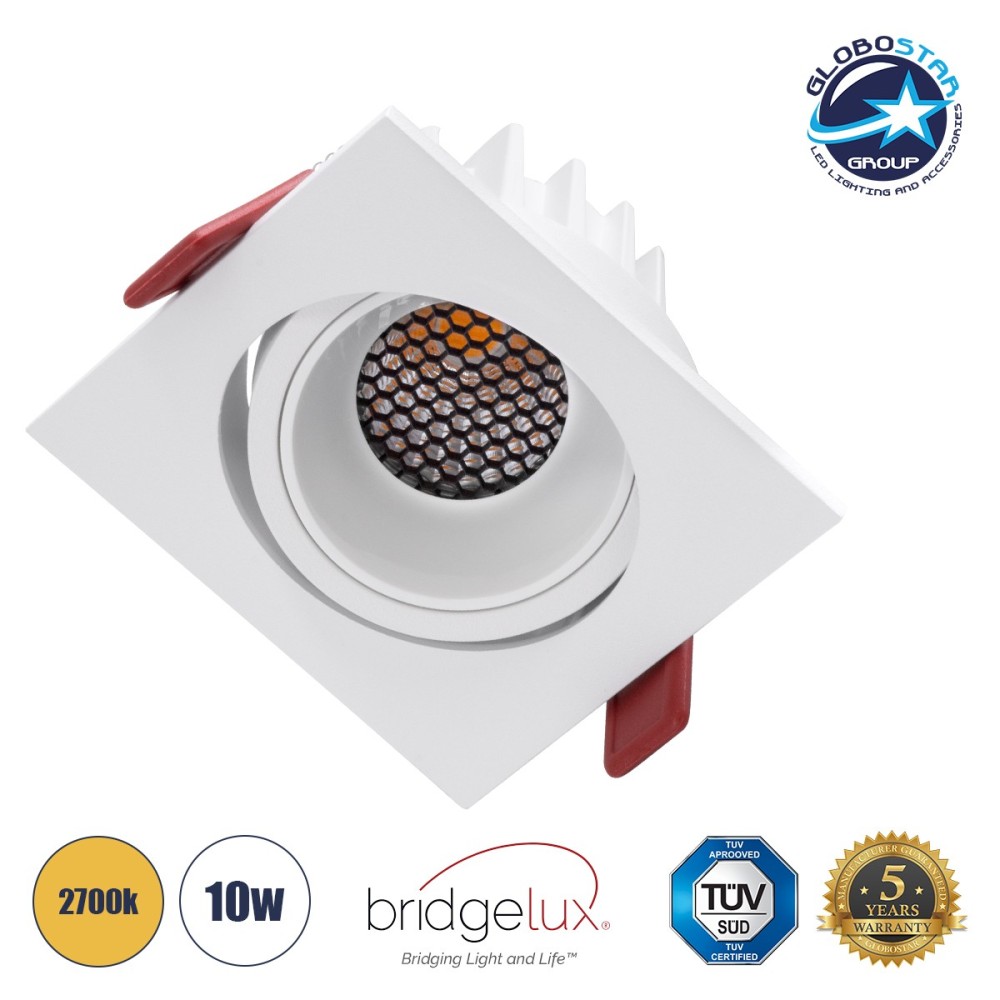 GLOBOSTAR® LEO-SQ 60291 Χωνευτό Κινούμενο Downlight Σποτ με Honeycomb Anti Glare Reflector LED 10W 1250lm 38° AC 220-240V IP20 Θερμό Λευκό 2700K - Bridgelux COB Chip & TÜV SÜD Driver - Λευκό Ματ - Μ8.5 x Π8.5 x Υ6.6cm - Q7.5 x 7.5cm - 5 Χρόνια Εγγύηση
